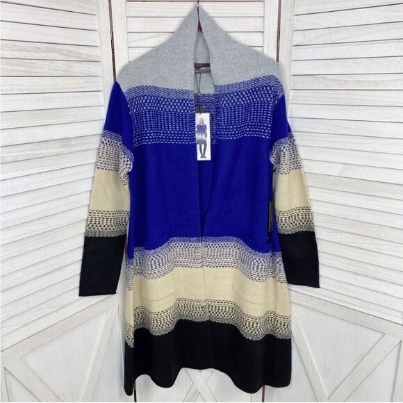 MaxSport Western Colorblock Long Cardigan Sweater Gray Blue Cream Black Large - Picture 12 of 12